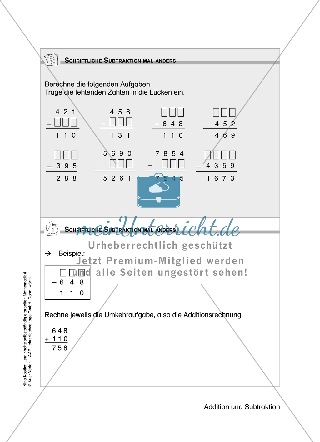 Schüler erarbeiten sich mit diesem Material Lerninhalte zum Thema Addition und Subtraktion mit Aufgaben-, Tipp- und Lösungskarten selbstständig. Preview 10