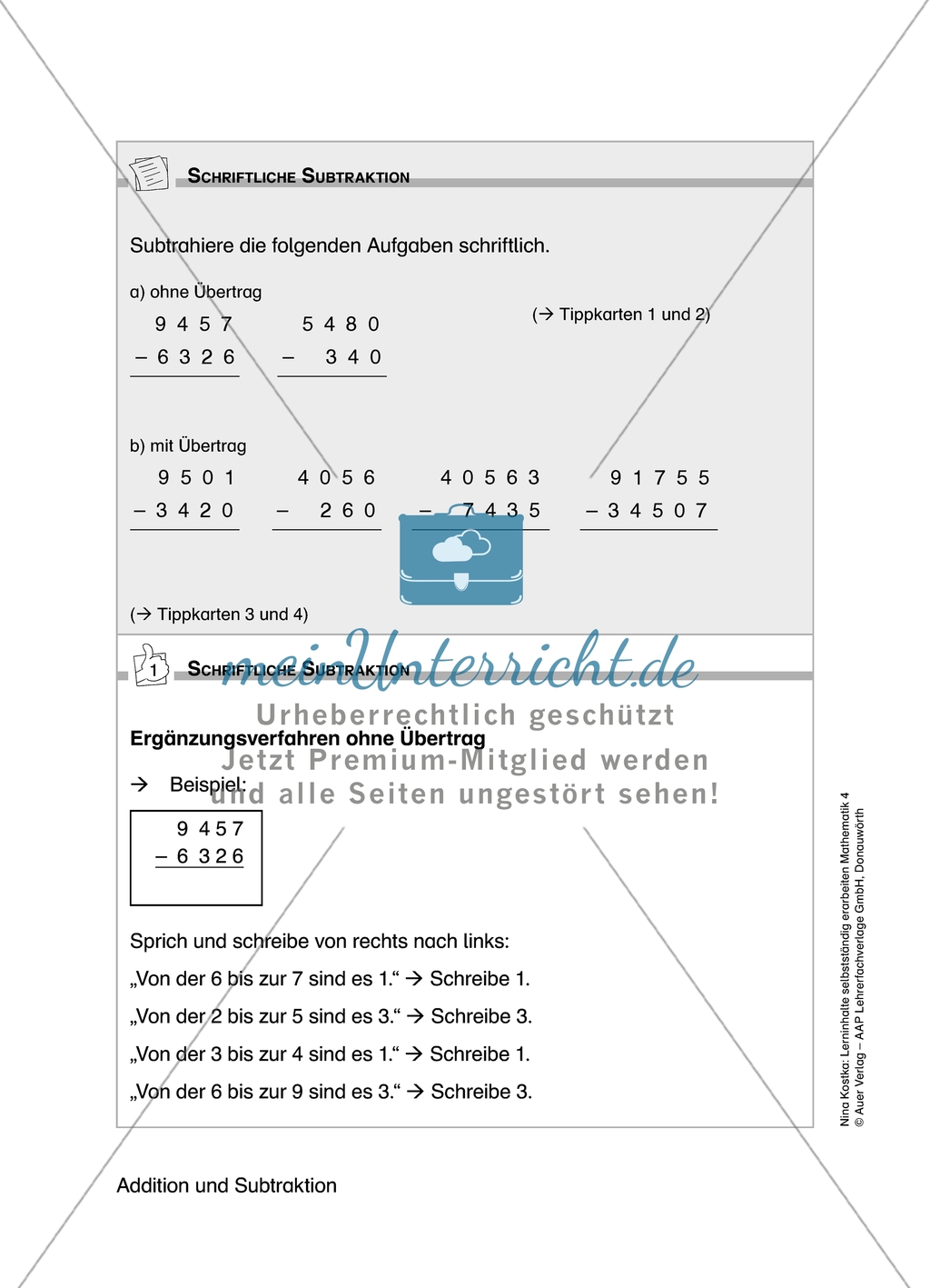 Schüler erarbeiten sich mit diesem Material Lerninhalte zum Thema Addition und Subtraktion mit Aufgaben-, Tipp- und Lösungskarten selbstständig. Preview 7