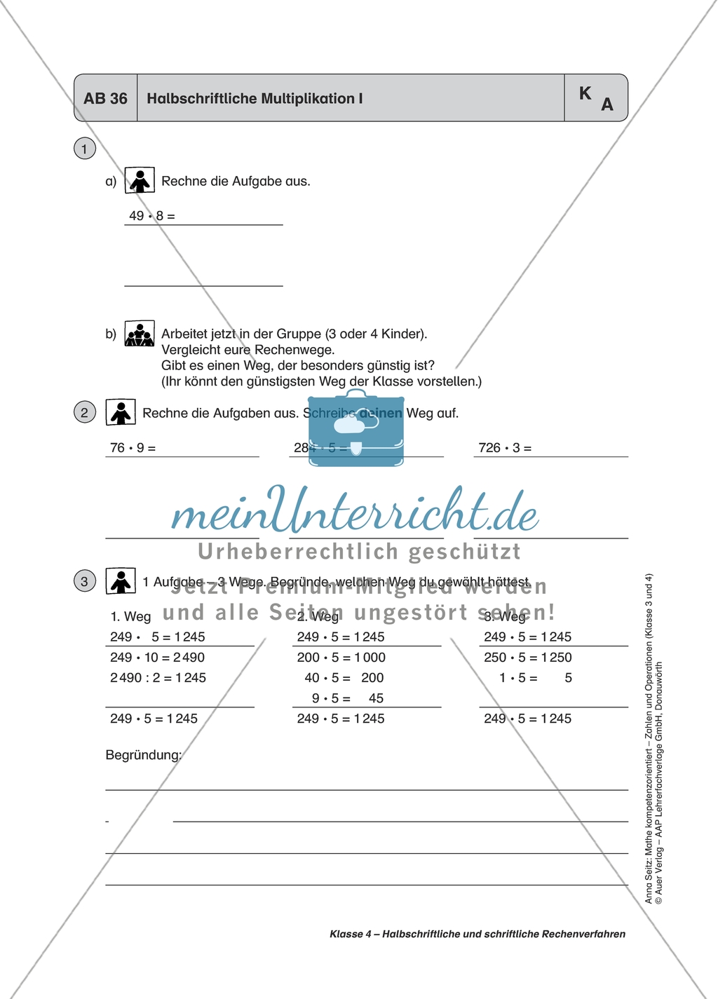Material für einen kompetenzorientierten Unterricht zum Thema Zahlen und Operationen mit Lösungen (Kl. 4). Preview 3