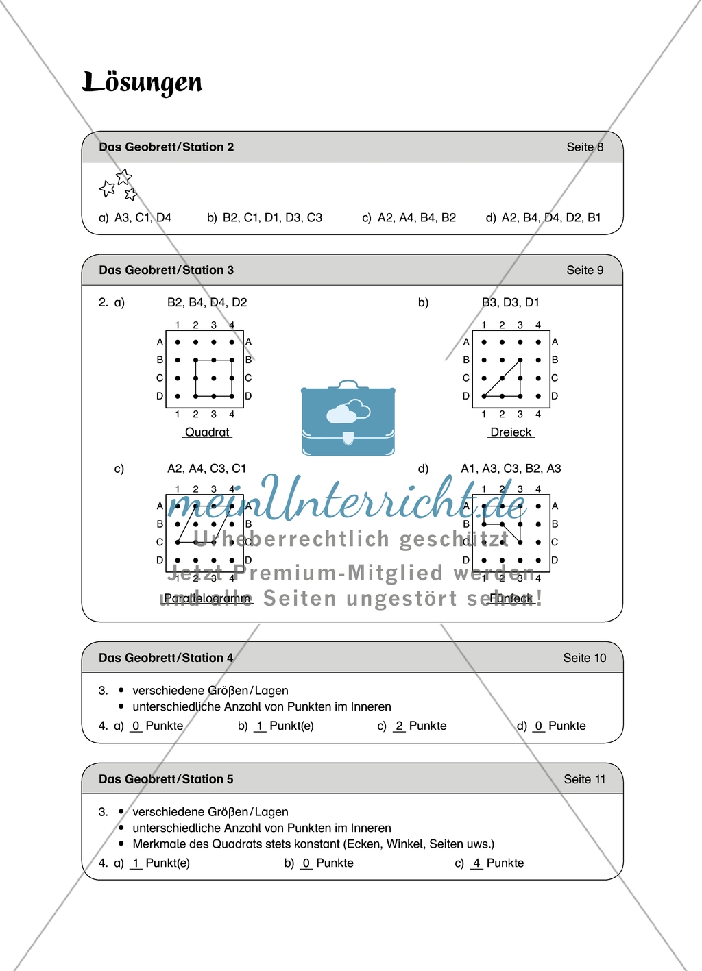 Material für eine Stationenarbeit mit dem Geobrett mit einer Materialaufstellung, Hinweisen, und den Lösungen. Preview 12