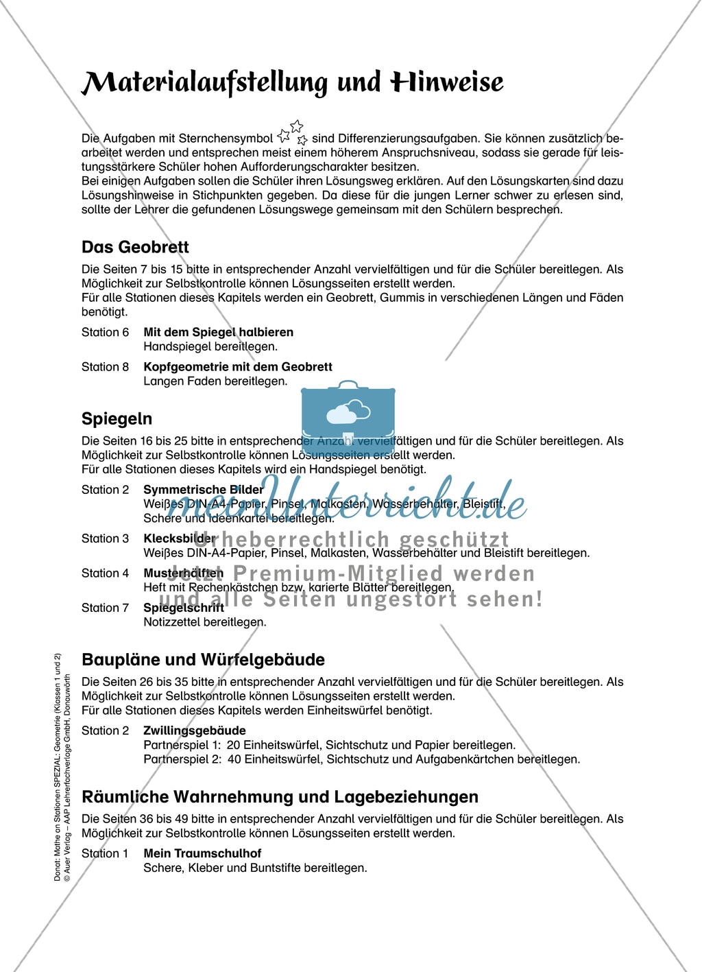 Material für eine Stationenarbeit zum Thema Spiegelungen mit einer Materialaufstellung, Hinweisen und Lösungen. Preview 1