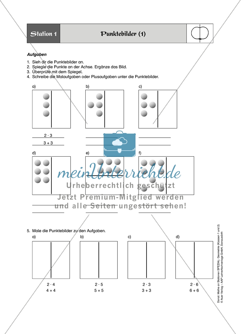 Material für eine Stationenarbeit zum Thema Spiegelungen mit einer Materialaufstellung, Hinweisen und Lösungen. Preview 2