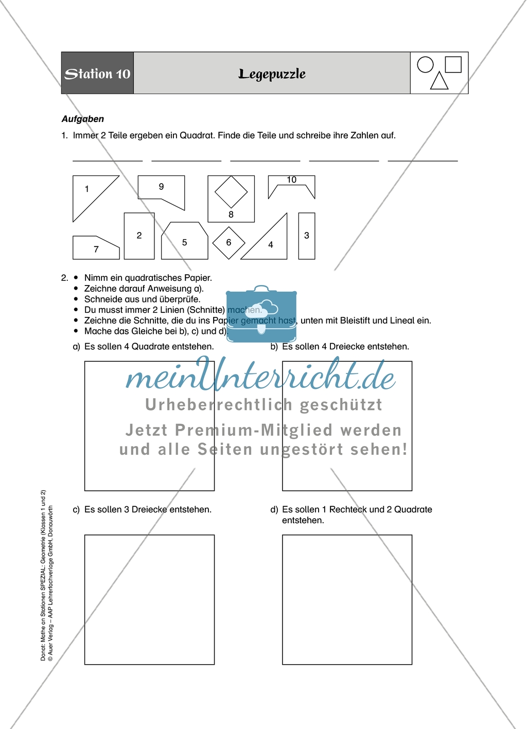 Aufgaben für eine Stationsarbeit zum Thema: Geometrische Formen mit einer Materialaufstellung, einem Laufzettel und den Lösungen. Preview 13