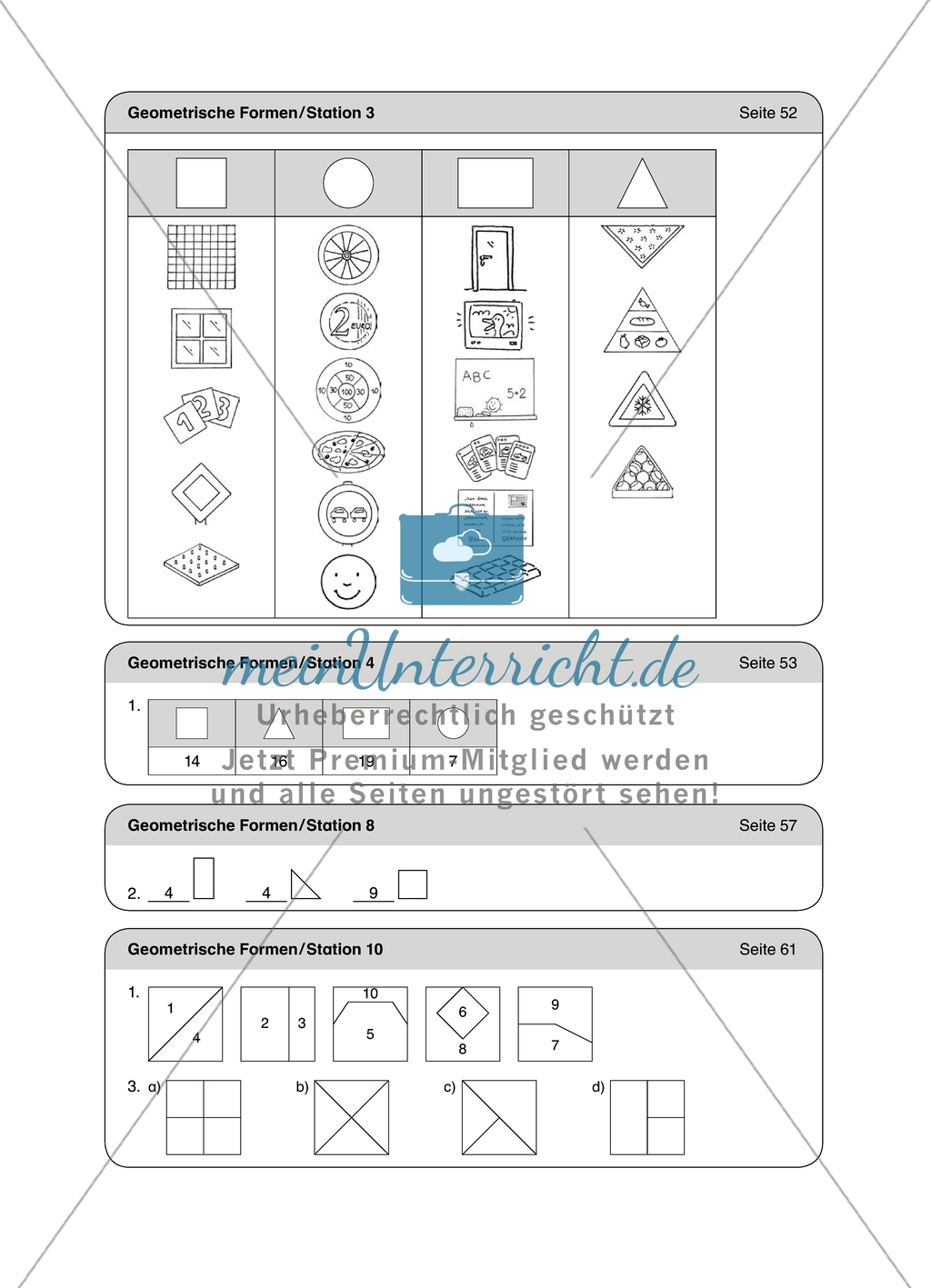 Aufgaben für eine Stationsarbeit zum Thema: Geometrische Formen mit einer Materialaufstellung, einem Laufzettel und den Lösungen. Preview 16