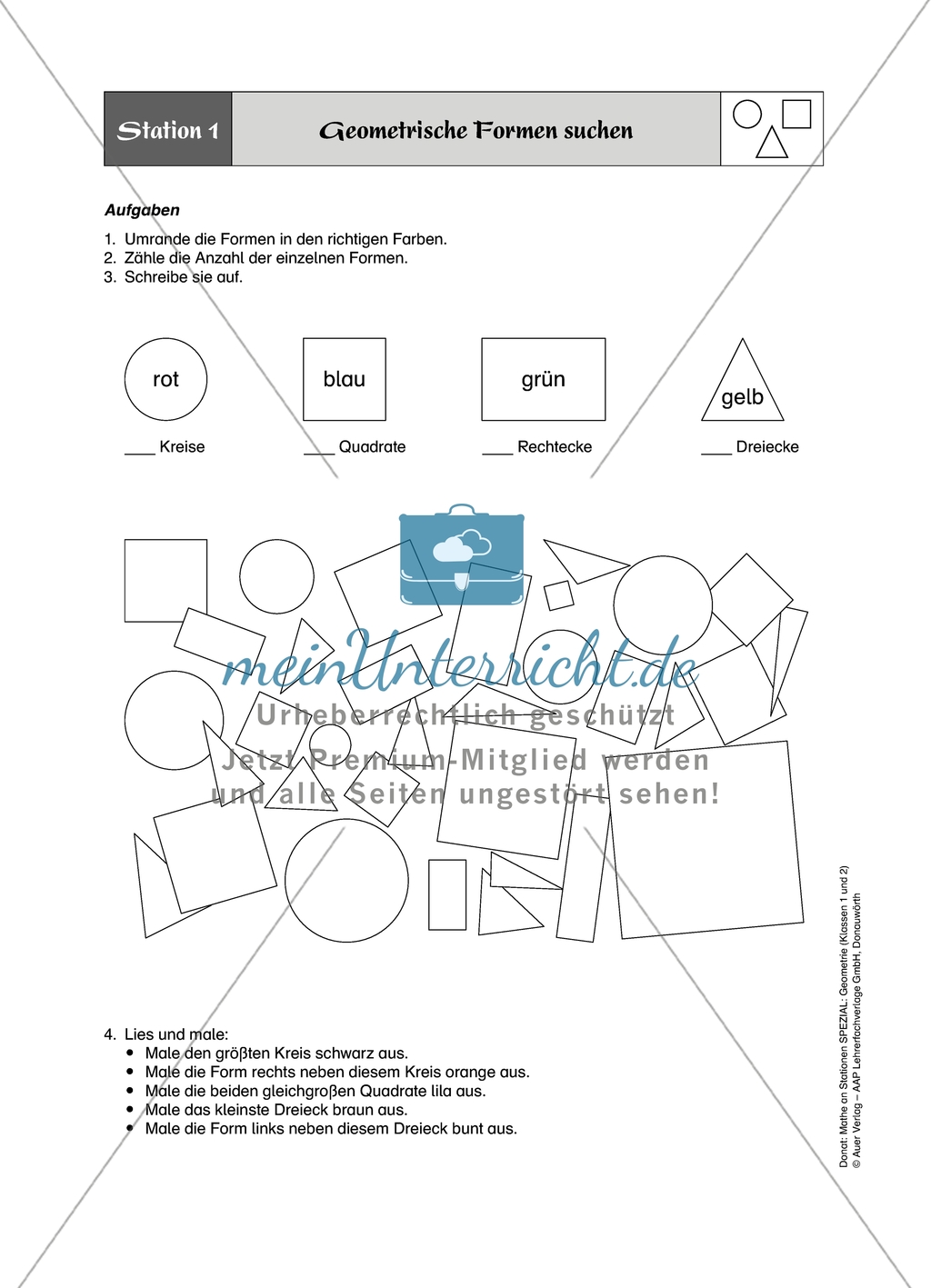 Aufgaben für eine Stationsarbeit zum Thema: Geometrische Formen mit einer Materialaufstellung, einem Laufzettel und den Lösungen. Preview 2