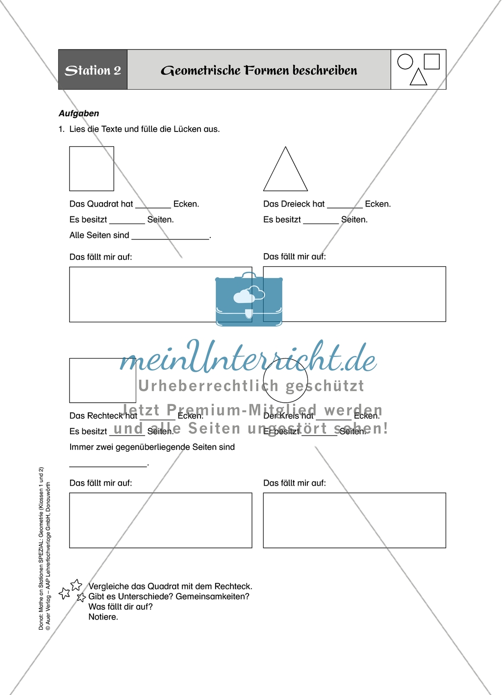 Aufgaben für eine Stationsarbeit zum Thema: Geometrische Formen mit einer Materialaufstellung, einem Laufzettel und den Lösungen. Preview 3