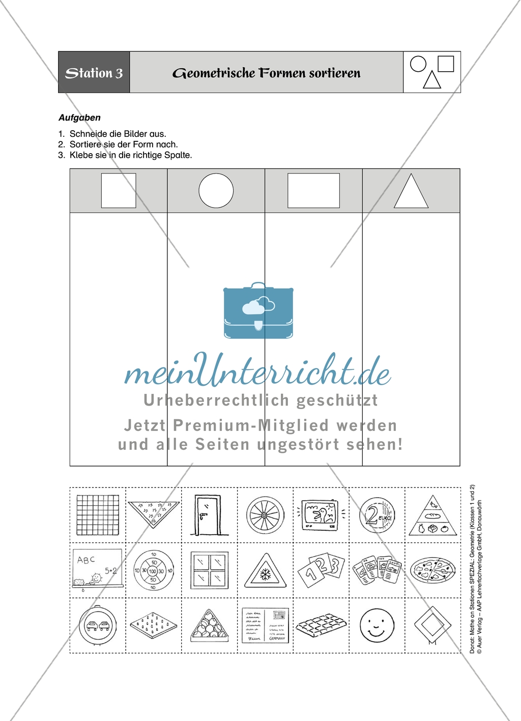 Aufgaben für eine Stationsarbeit zum Thema: Geometrische Formen mit einer Materialaufstellung, einem Laufzettel und den Lösungen. Preview 4