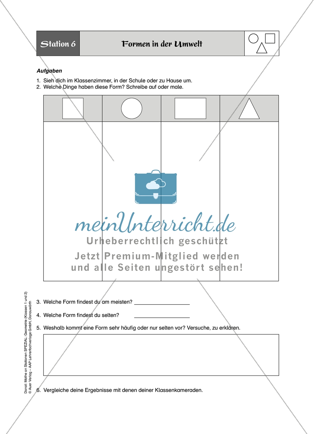 Aufgaben für eine Stationsarbeit zum Thema: Geometrische Formen mit einer Materialaufstellung, einem Laufzettel und den Lösungen. Preview 7