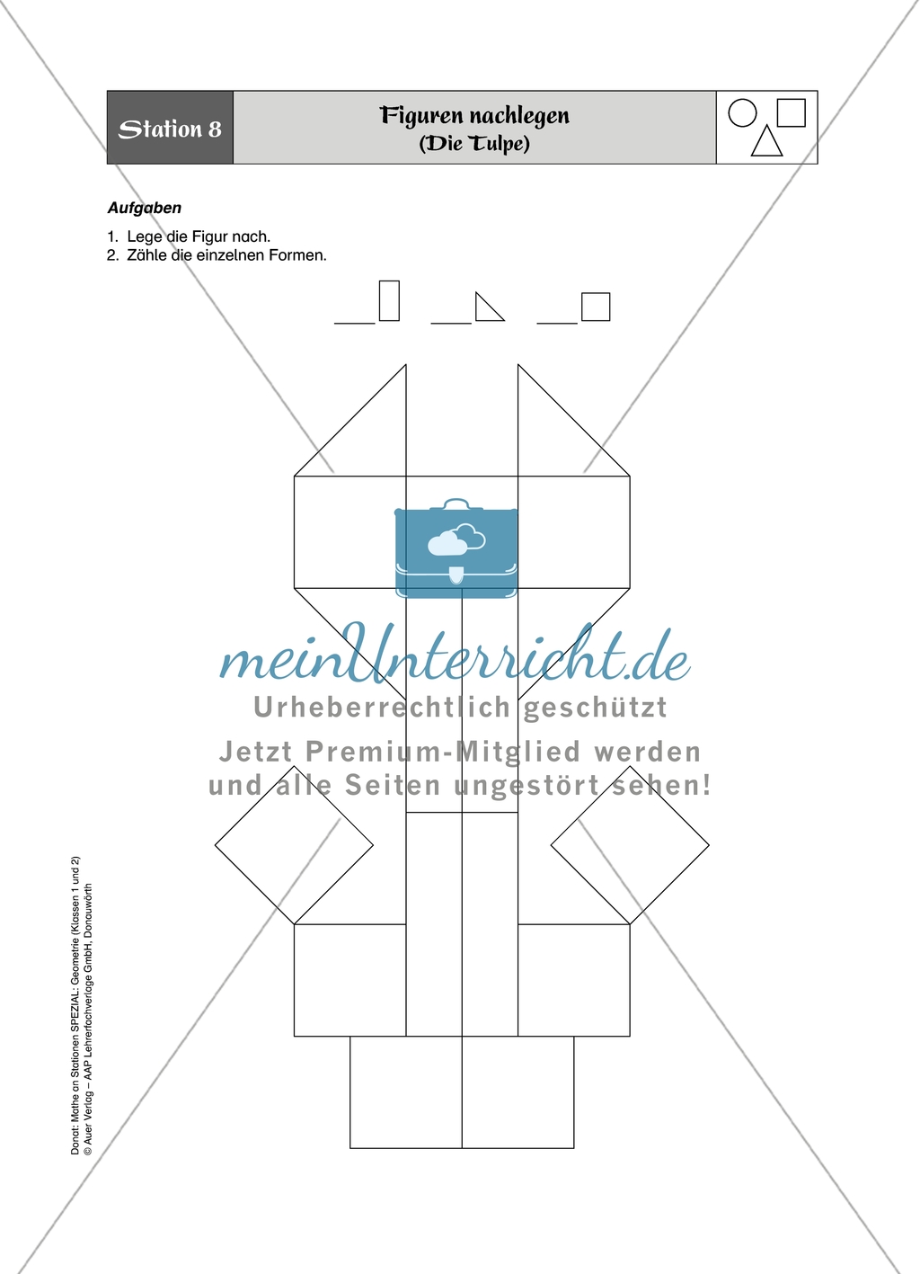 Aufgaben für eine Stationsarbeit zum Thema: Geometrische Formen mit einer Materialaufstellung, einem Laufzettel und den Lösungen. Preview 9