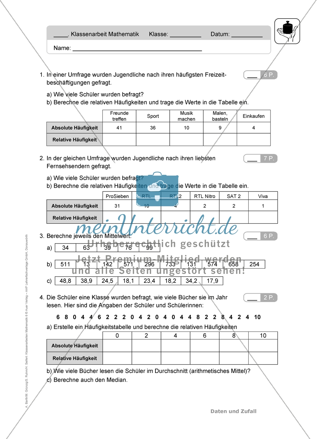 Klassenarbeiten zum Thema: