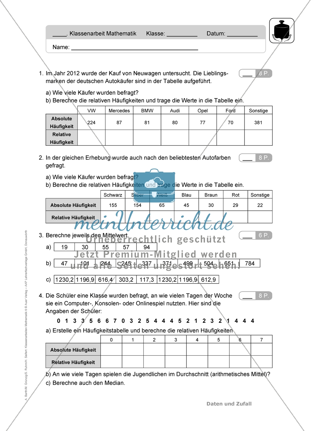 Klassenarbeiten zum Thema: