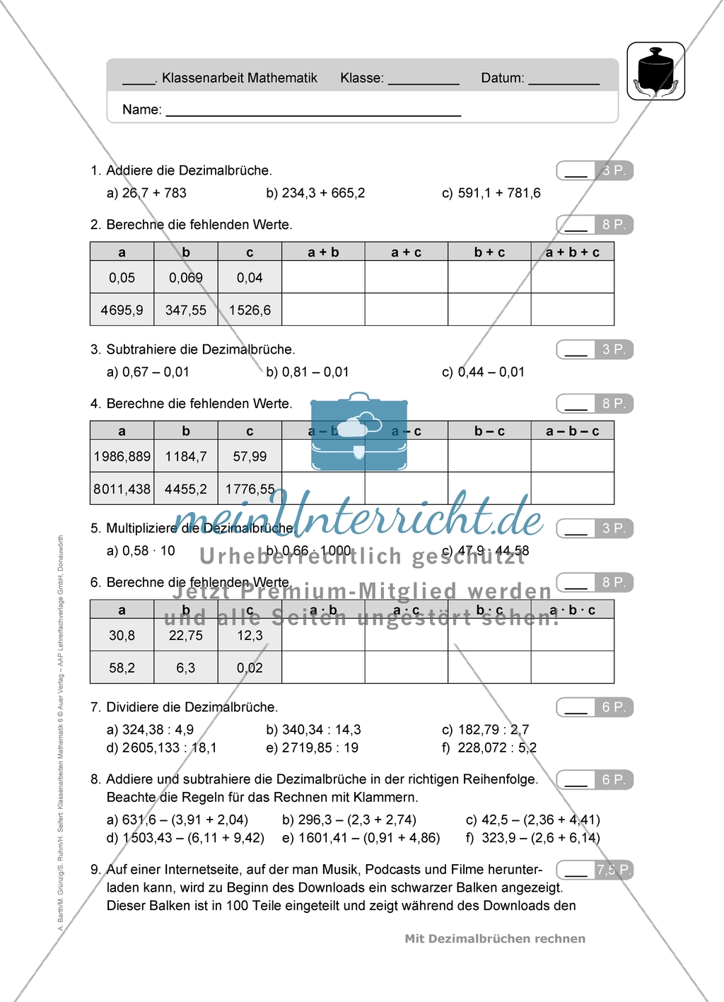Klassenarbeiten zum Thema: