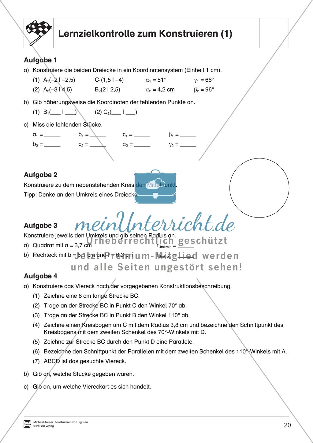 Aufgaben mit Lösungen rund um die Konstruktion von Dreiecken als Grundlage für die ebene Geometrie. Preview 10