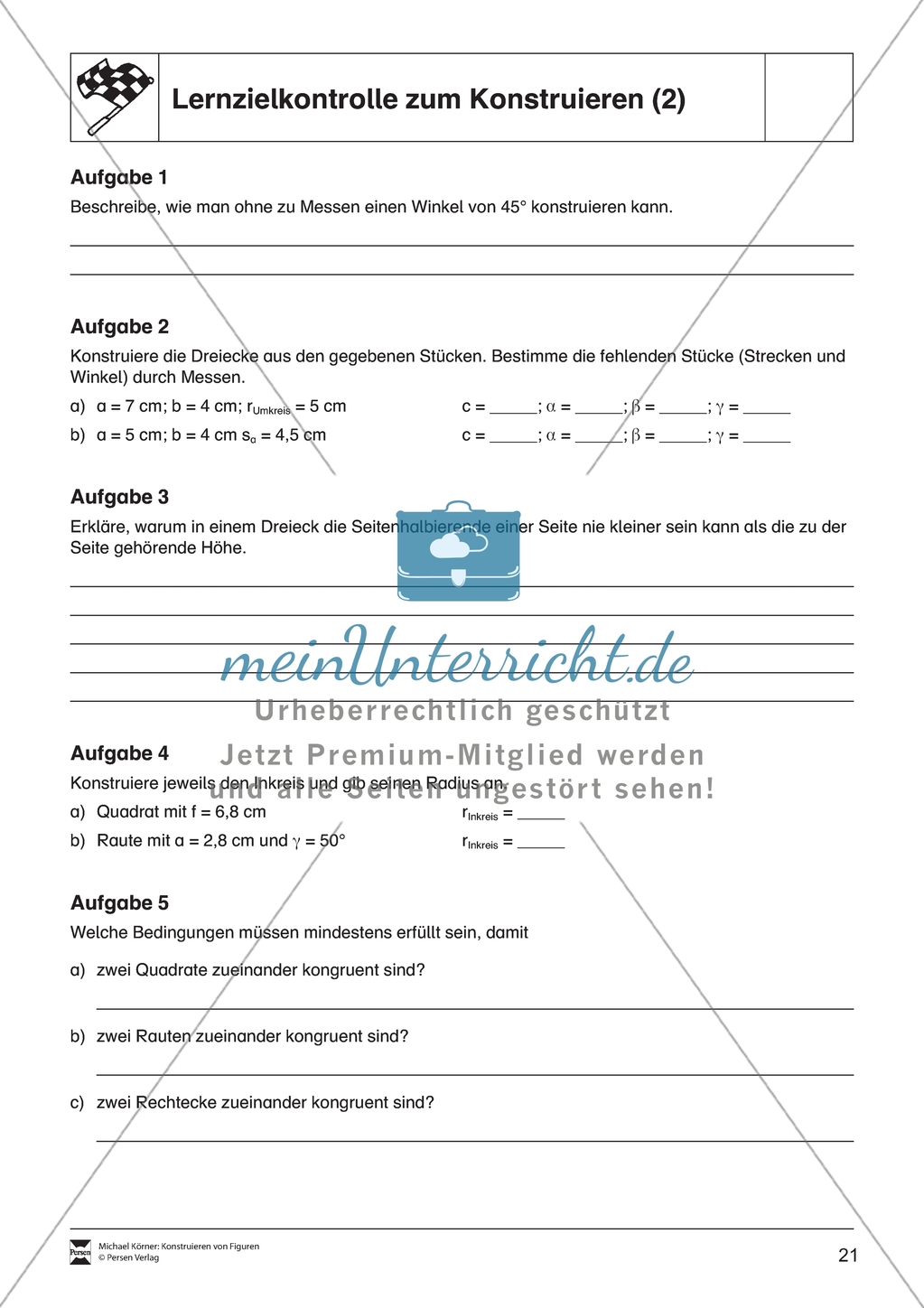 Aufgaben mit Lösungen rund um die Konstruktion von Dreiecken als Grundlage für die ebene Geometrie. Preview 11