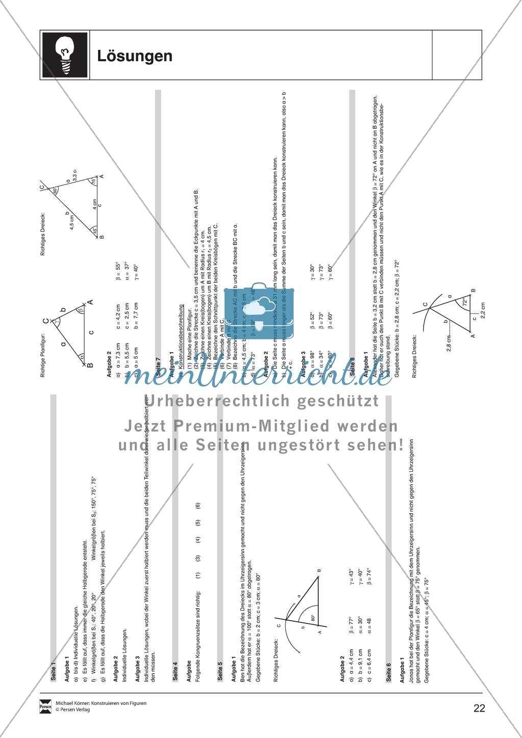 Aufgaben mit Lösungen rund um die Konstruktion von Dreiecken als Grundlage für die ebene Geometrie. Preview 12