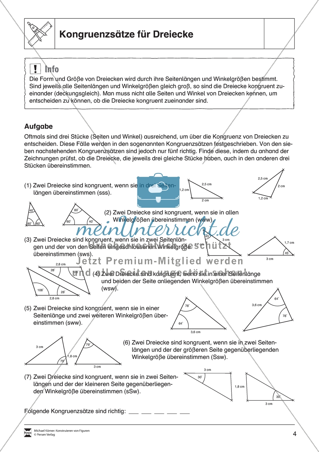 Aufgaben mit Lösungen rund um die Konstruktion von Dreiecken als Grundlage für die ebene Geometrie. Preview 4