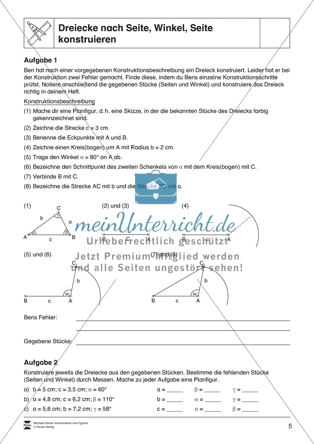 Aufgaben mit Lösungen rund um die Konstruktion von Dreiecken als Grundlage für die ebene Geometrie. Preview 5