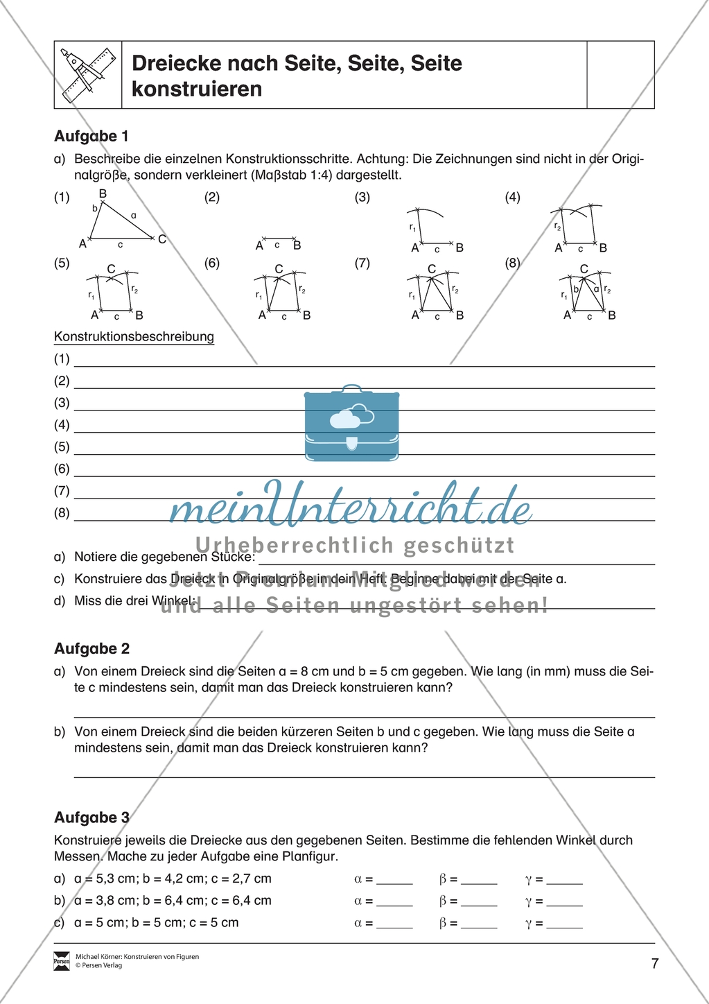 Aufgaben mit Lösungen rund um die Konstruktion von Dreiecken als Grundlage für die ebene Geometrie. Preview 7