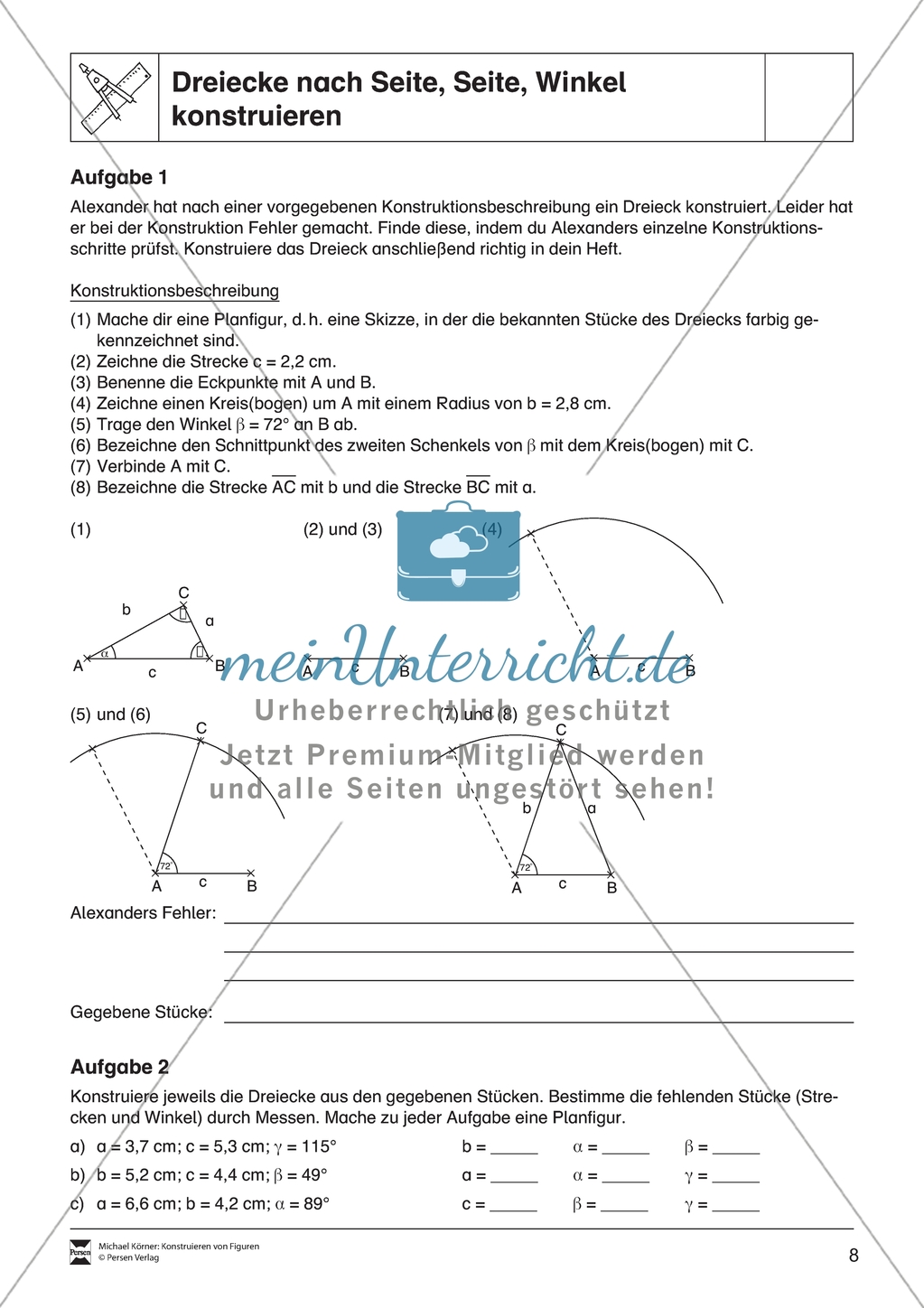 Aufgaben mit Lösungen rund um die Konstruktion von Dreiecken als Grundlage für die ebene Geometrie. Preview 8