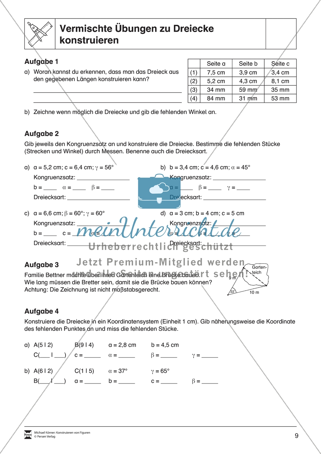 Aufgaben mit Lösungen rund um die Konstruktion von Dreiecken als Grundlage für die ebene Geometrie. Preview 9