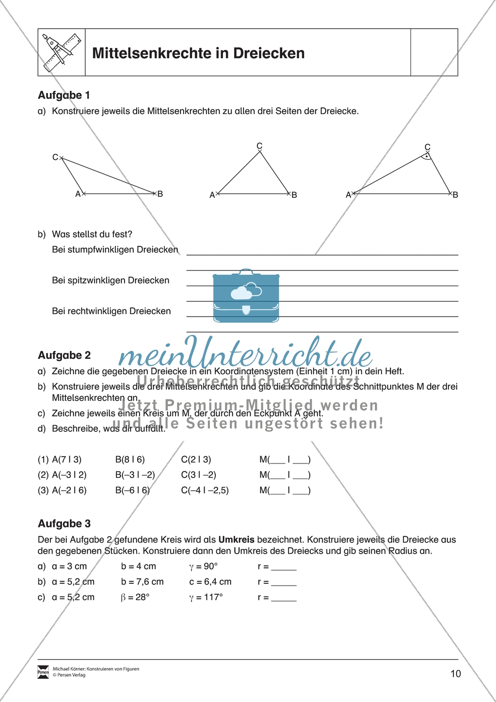 Aufgaben mit Lösungen rund um besondere Linien in Dreiecken als Grundlage für die ebene Geometrie. Preview 1