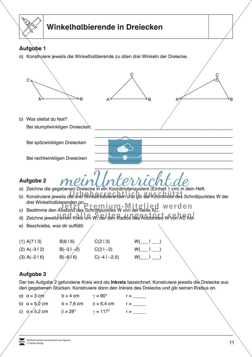 Aufgaben mit Lösungen rund um besondere Linien in Dreiecken als Grundlage für die ebene Geometrie. Preview 2
