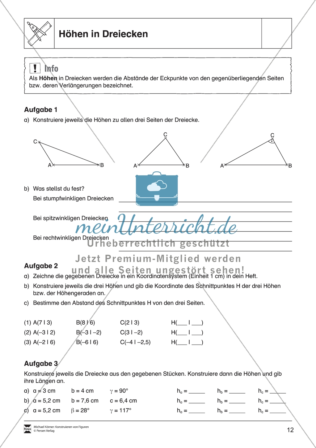Aufgaben mit Lösungen rund um besondere Linien in Dreiecken als Grundlage für die ebene Geometrie. Preview 3