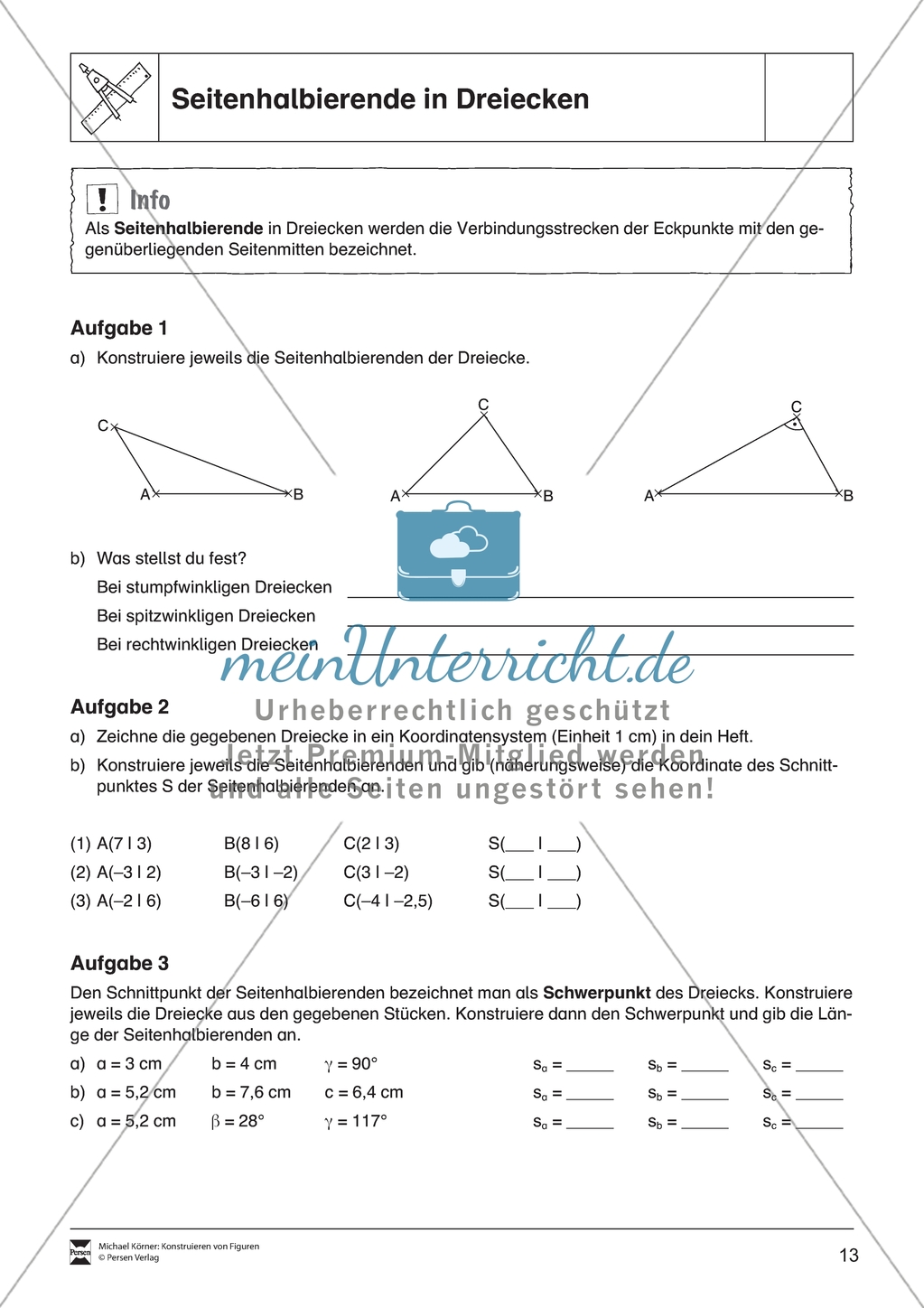Aufgaben mit Lösungen rund um besondere Linien in Dreiecken als Grundlage für die ebene Geometrie. Preview 4