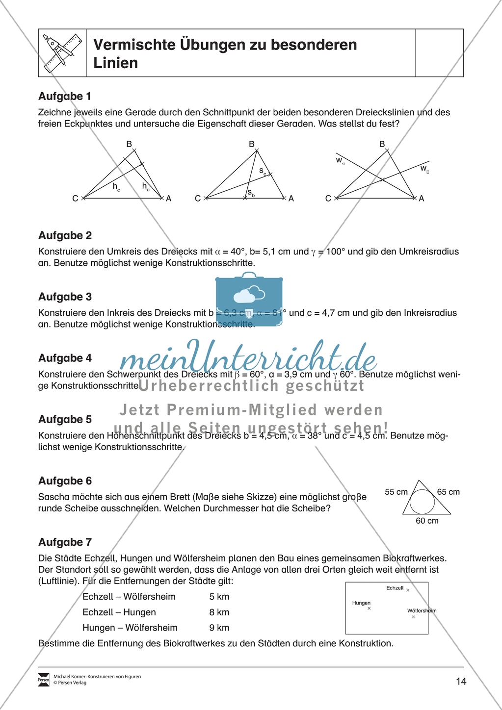 Aufgaben mit Lösungen rund um besondere Linien in Dreiecken als Grundlage für die ebene Geometrie. Preview 5