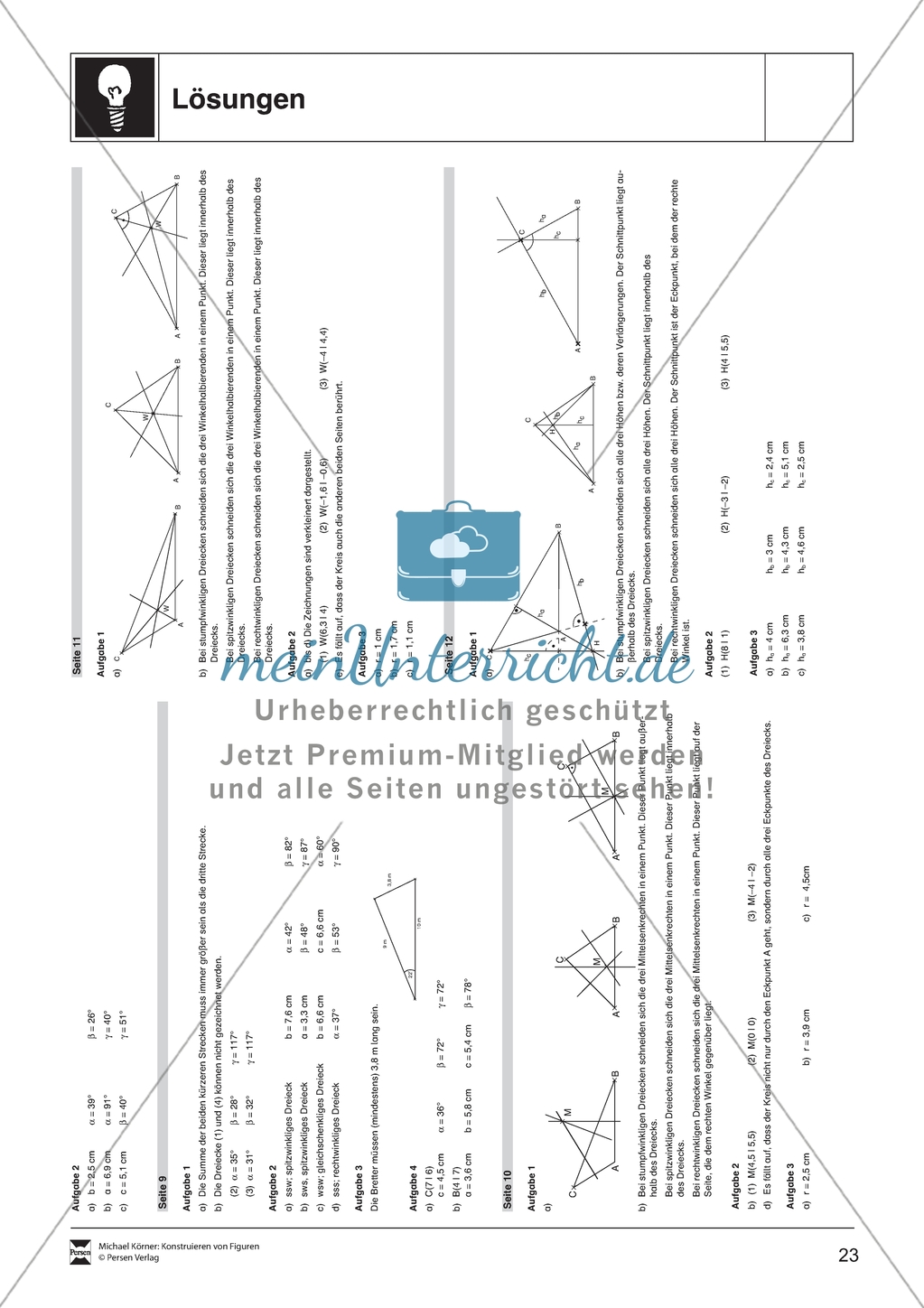 Aufgaben mit Lösungen rund um besondere Linien in Dreiecken als Grundlage für die ebene Geometrie. Preview 8