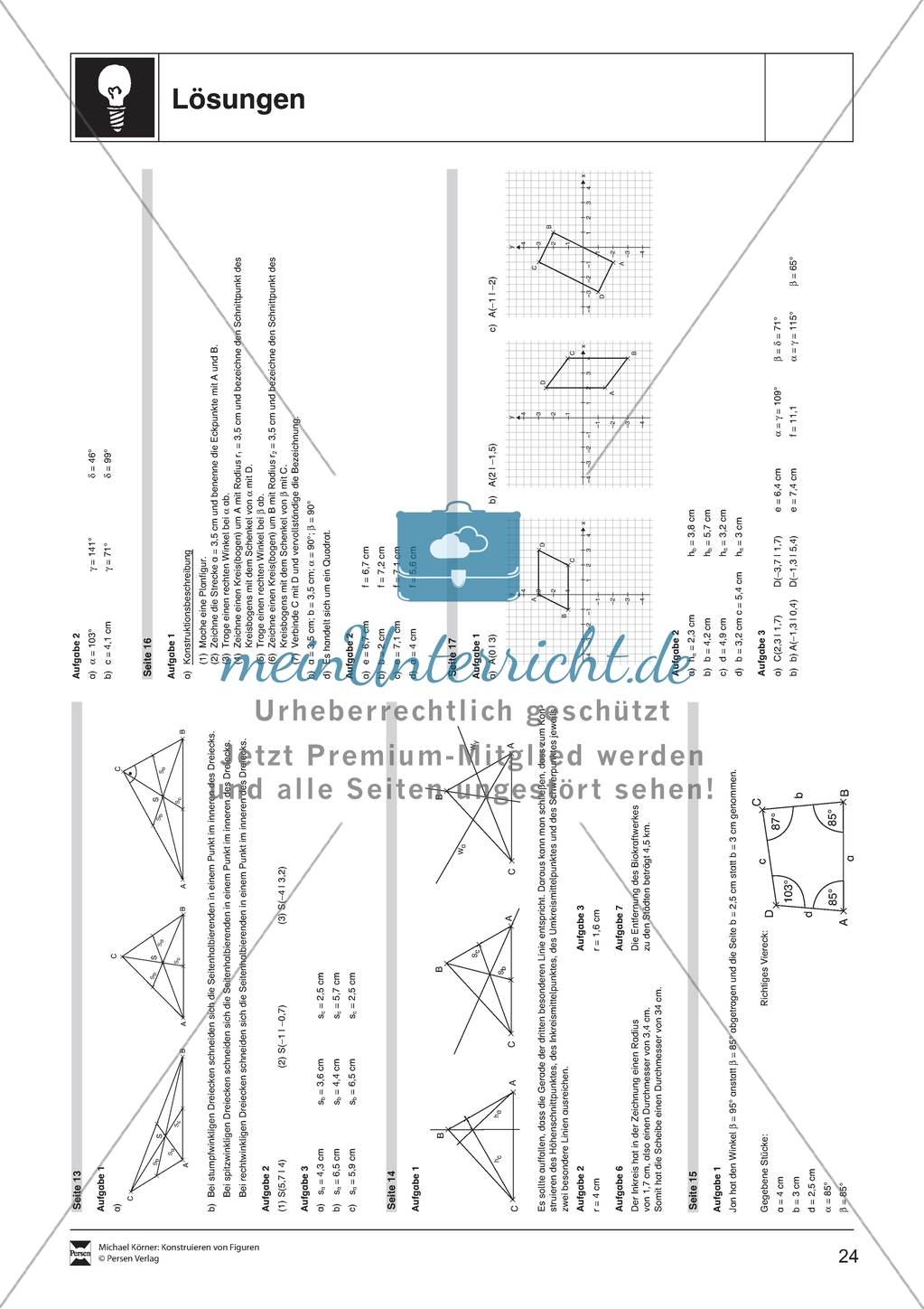 Aufgaben mit Lösungen rund um besondere Linien in Dreiecken als Grundlage für die ebene Geometrie. Preview 9