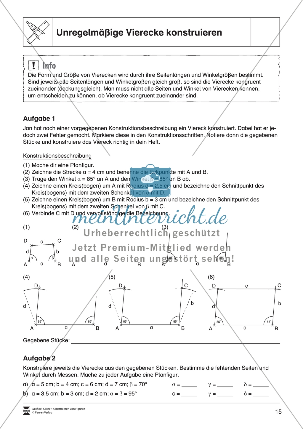 Aufgaben mit Lösungen rund um die Konstruktion von Vierecken als Grundlage für die ebene Geometrie. Preview 1