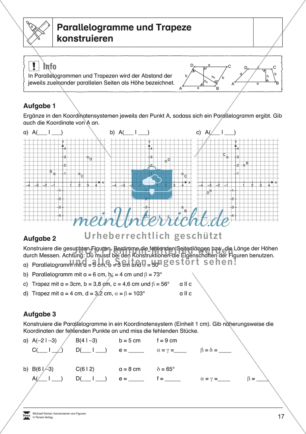 Aufgaben mit Lösungen rund um die Konstruktion von Vierecken als Grundlage für die ebene Geometrie. Preview 3