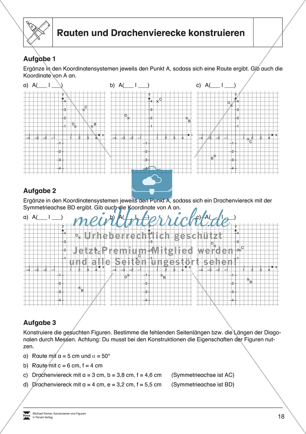 Aufgaben mit Lösungen rund um die Konstruktion von Vierecken als Grundlage für die ebene Geometrie. Preview 4