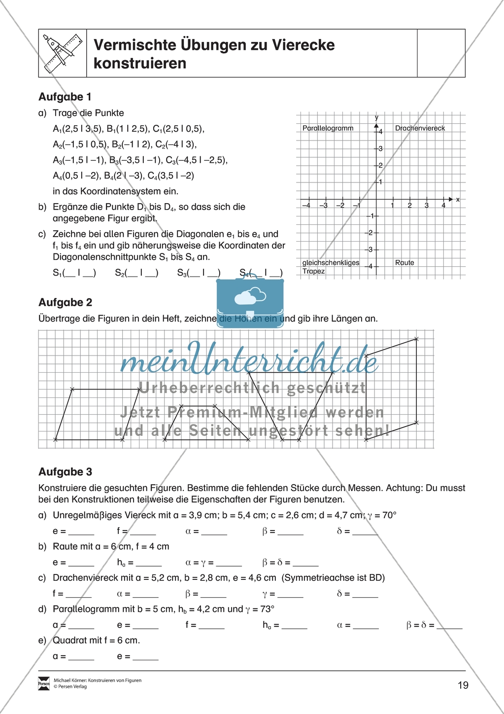 Aufgaben mit Lösungen rund um die Konstruktion von Vierecken als Grundlage für die ebene Geometrie. Preview 5