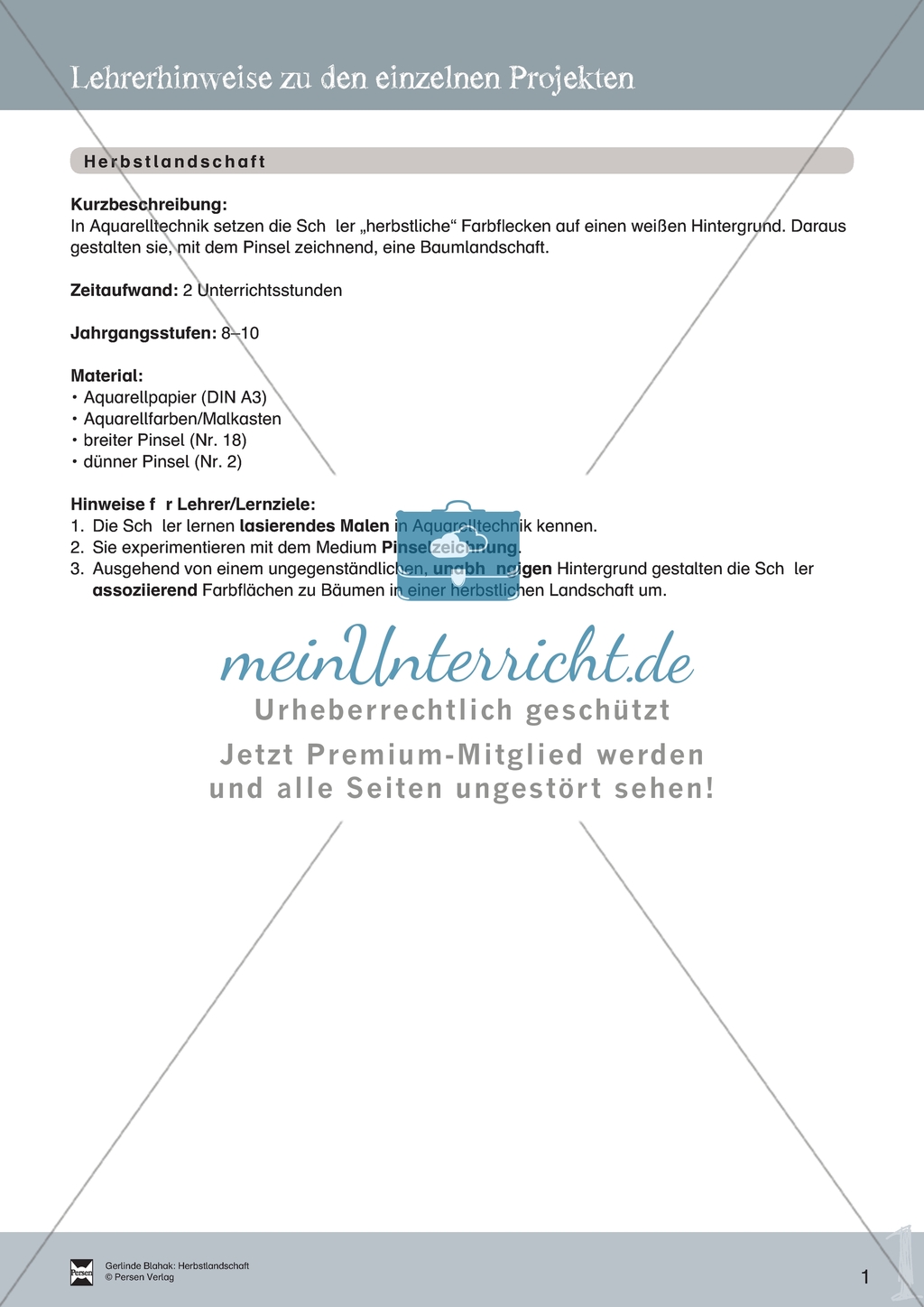 Herbstlandschaft - Landschaften im Kunstunterricht in den Klassen 8-10: Ein Projekt. Mit Hinweisen für Lehrkräfte und zur Durchführung im Unterricht. Preview 1