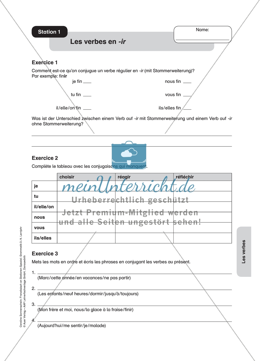 Stationenlernen zu Verben: Station 1 - Die Verben auf -ir. Verben mit und ohne Stammerweiterung. Mit Regelbildung und Konjugationstabelle. Preview 1