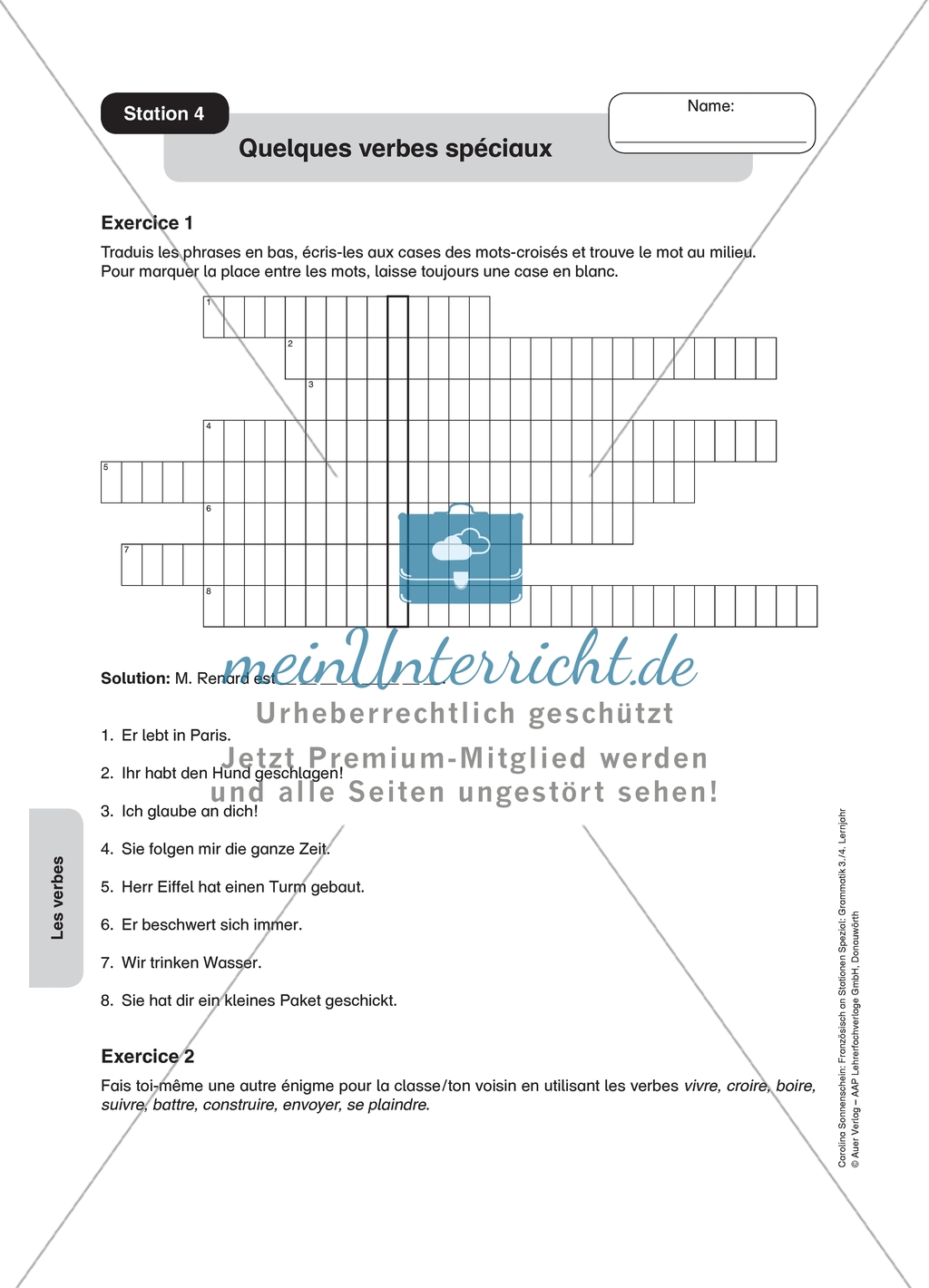 Stationenlernen zu Verben: Station 4 - Übersetzungskreuzworträtsel zu