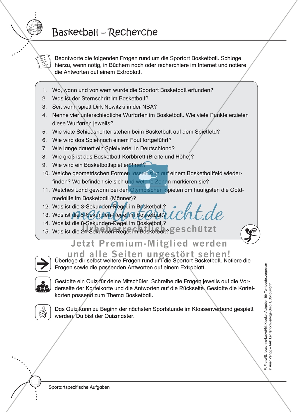 Aufgaben für Turnbeutelvergesser: Ein Quiz zum Thema Basketball vorbereiten und einen Lückentext ausfüllen. Mit Lösungen. Preview 1