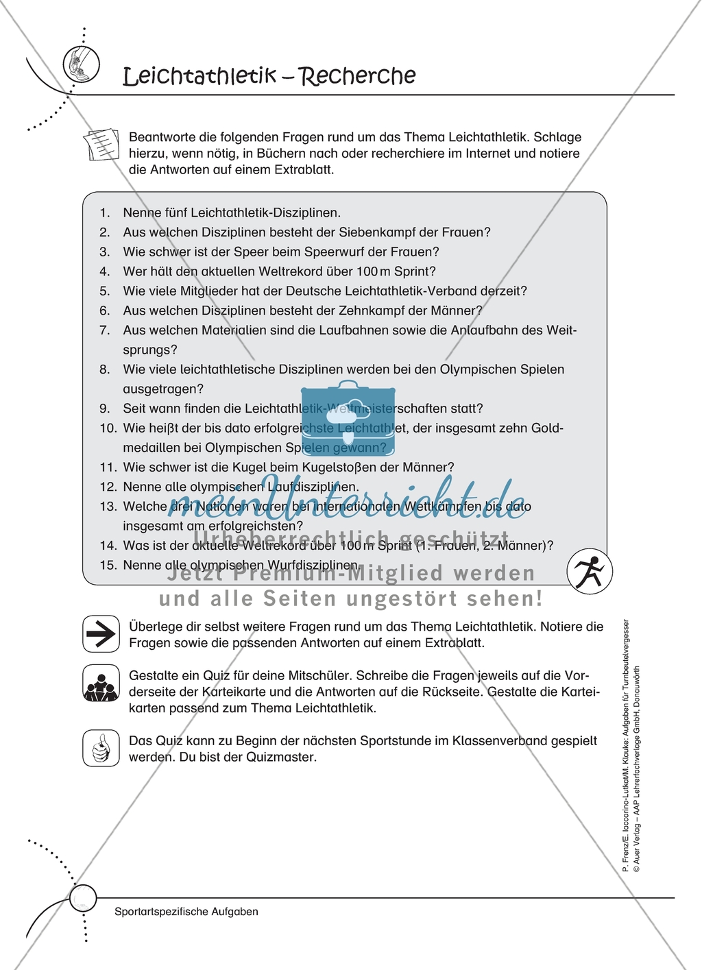 Aufgaben für Turnbeutelvergesser: Ein Leichtathletik Quiz erstellen und einen Lückentext ergänzen. Mit Lösungen. Preview 1