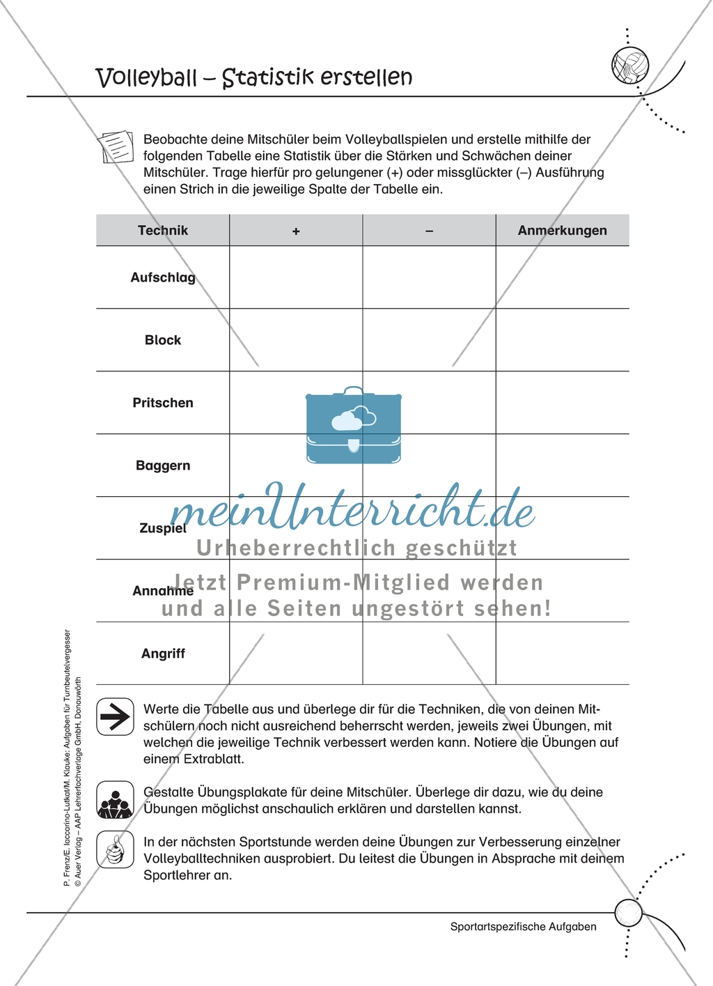 Aufgaben für Turnbeutelvergesser: Ein Übungsprogramm zu Volleyballtechniken vorbereiten und ein Volleyball Wortgitter lösen. Mit Lösungen. Preview 1