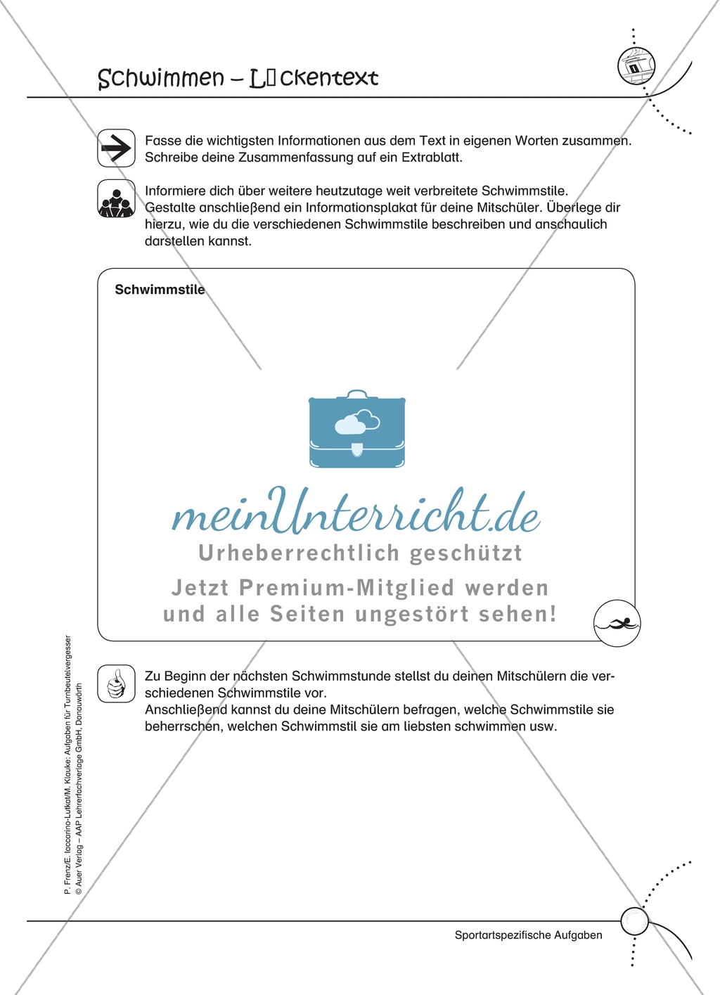 Aufgaben für Turnbeutelvergesser: Eine Kurzpräsentation über Schwimmstile halten und einen Regelkatalog für den Schwimmunterricht erstellen. Mit Rechercheaufgabe. Preview 1
