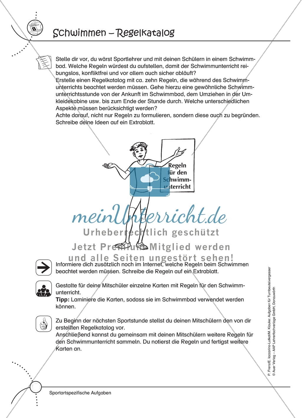 Aufgaben für Turnbeutelvergesser: Eine Kurzpräsentation über Schwimmstile halten und einen Regelkatalog für den Schwimmunterricht erstellen. Mit Rechercheaufgabe. Preview 2