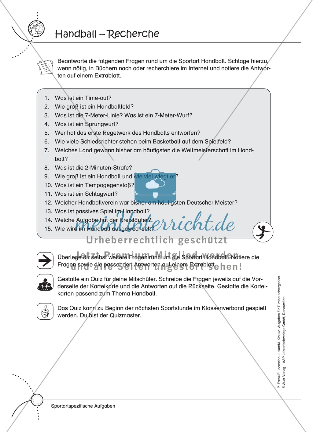 Aufgaben für Turnbeutelvergesser: Ein Quiz zum Thema Handball vorbereiten und einen Lückentext ausfüllen. Mit Lösungen. Preview 1