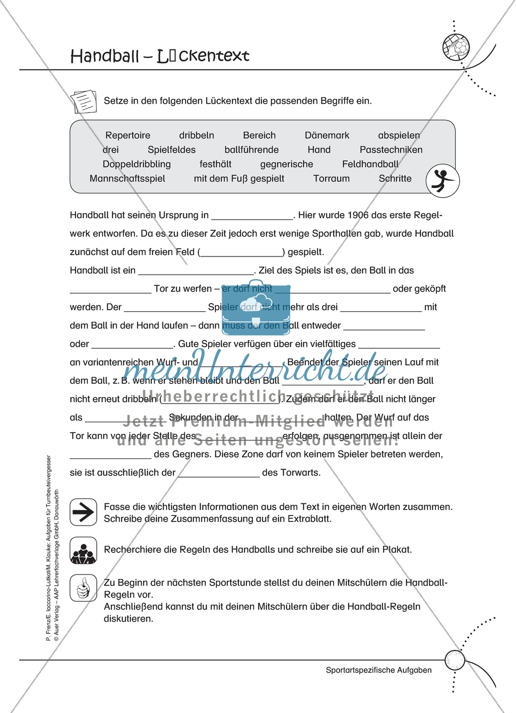 Aufgaben für Turnbeutelvergesser: Ein Quiz zum Thema Handball vorbereiten und einen Lückentext ausfüllen. Mit Lösungen. Preview 2