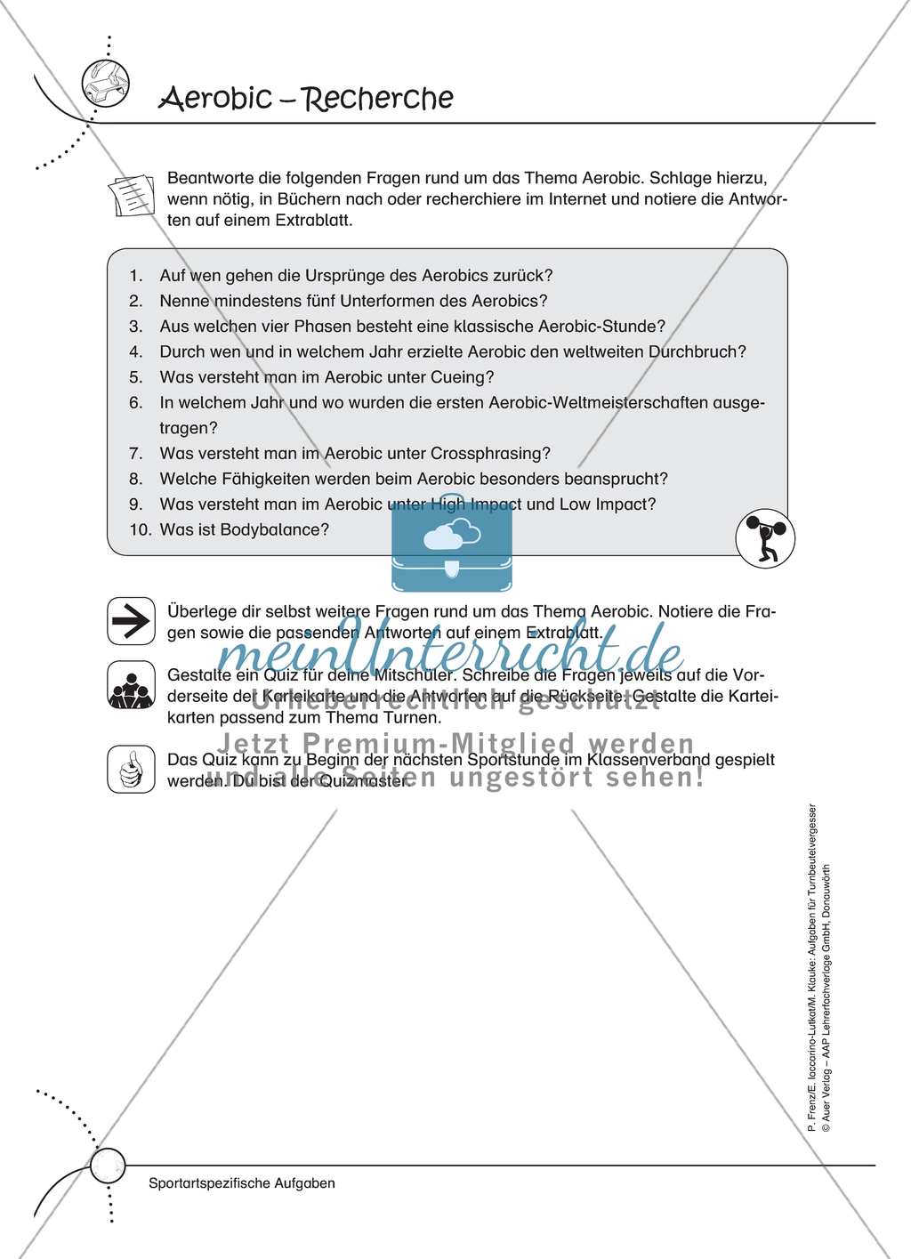 Aufgaben für Turnbeutelvergesser: Ein Aerobic Quiz entwickeln und einen Lückentext ergänzen. Mit Lösungen. Preview 1