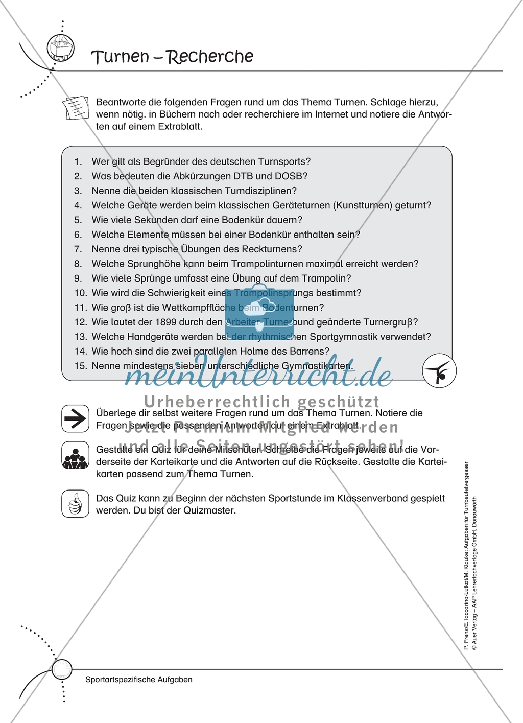 Aufgaben für Turnbeutelvergesser: Ein Turnquiz entwickeln und einen Lückentext zum Thema Turnen ergänzen. Mit Lösungen. Preview 1