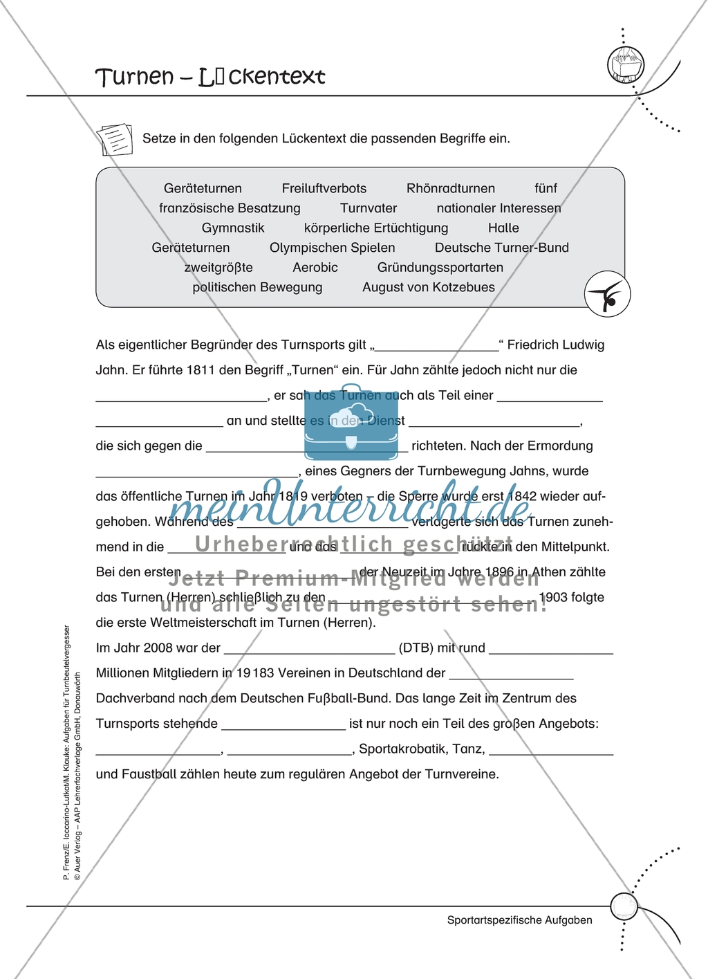 Aufgaben für Turnbeutelvergesser: Ein Turnquiz entwickeln und einen Lückentext zum Thema Turnen ergänzen. Mit Lösungen. Preview 2
