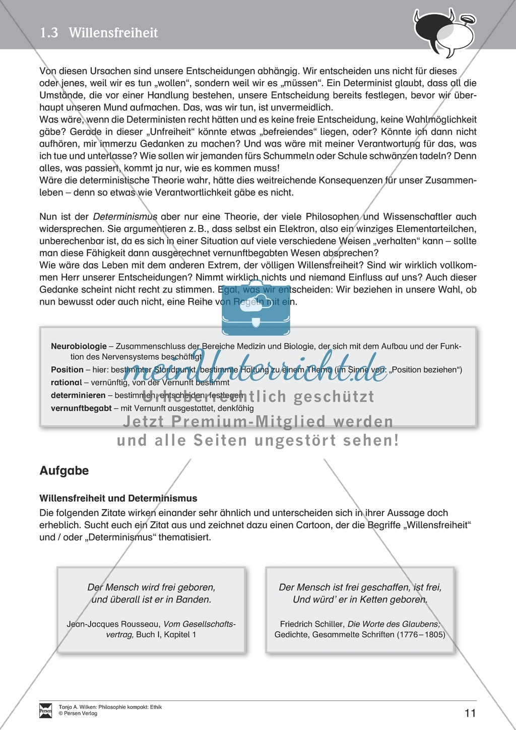 Willensfreiheit: Ein Vergleich der Position von A. Schopenhauer und F. Savater. Mit Arbeitsblättern und Lösungen. Preview 2