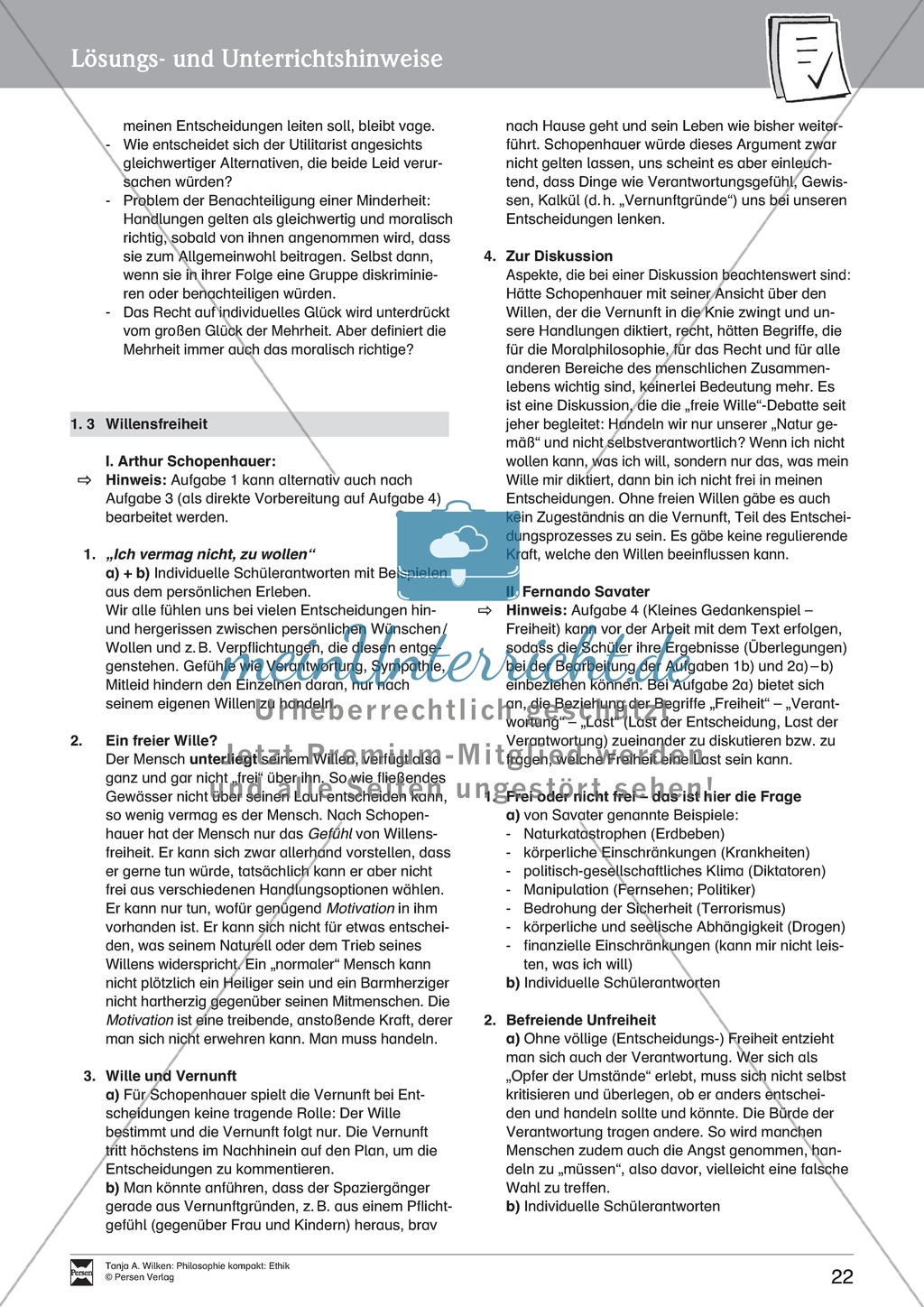 Willensfreiheit: Ein Vergleich der Position von A. Schopenhauer und F. Savater. Mit Arbeitsblättern und Lösungen. Preview 7